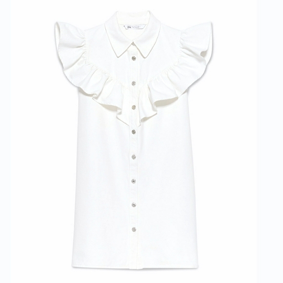 Zara Dresses & Skirts - Zara Ruffled White Denim Shirt Dress